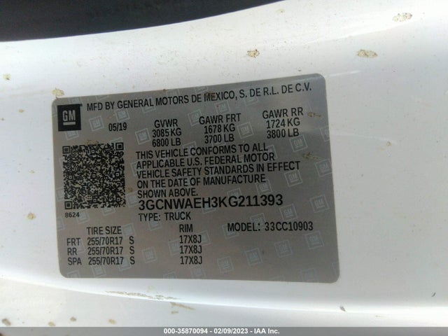 2019 CHEVROLET SILVERADO 1500 WORK TRUCK VIN: 3GCNWAEH3KG211393
