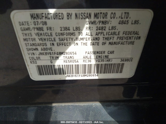 2008 INFINITI G35 SEDAN X VIN: JNKBV61F48M280654