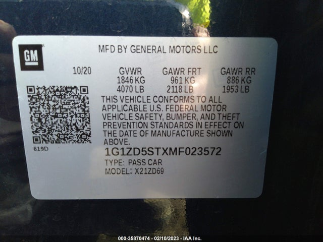 Chevrolet MALIBU LT 2021 1G1ZD5STXMF023572 Image 10