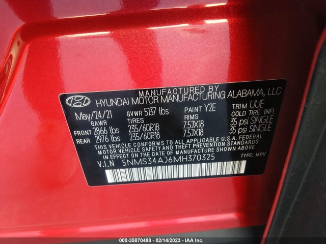 2021 Hyundai Santa Fe, VIN: 5NMS34AJ6MH370325