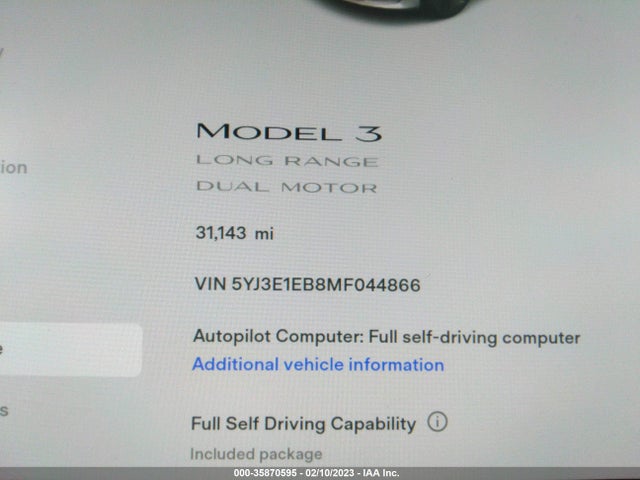 Tesla Model 3 Long Range 2021 5YJ3E1EB8MF044866 Image 10