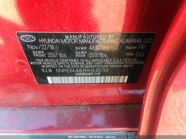 Hyundai Sonata Limited 2017 5NPE34AB2HH530750 Image 10