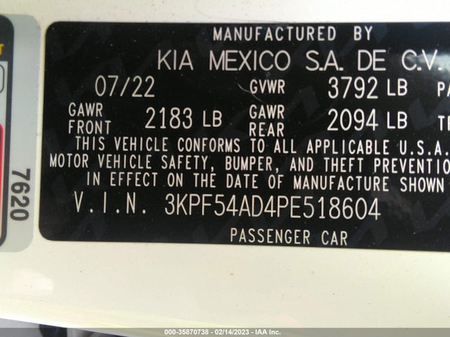 2023 KIA FORTE GT LINE VIN: 3KPF54AD4PE518604