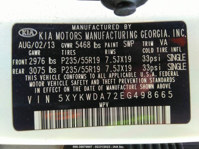5XYKWDA72EG498665 KIA Sorento Sx Limited