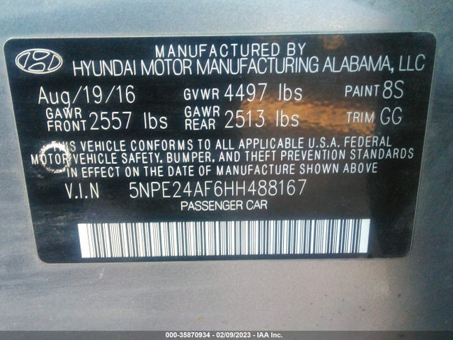 Hyundai Sonata 2.4l 2017 5NPE24AF6HH488167 Image 9