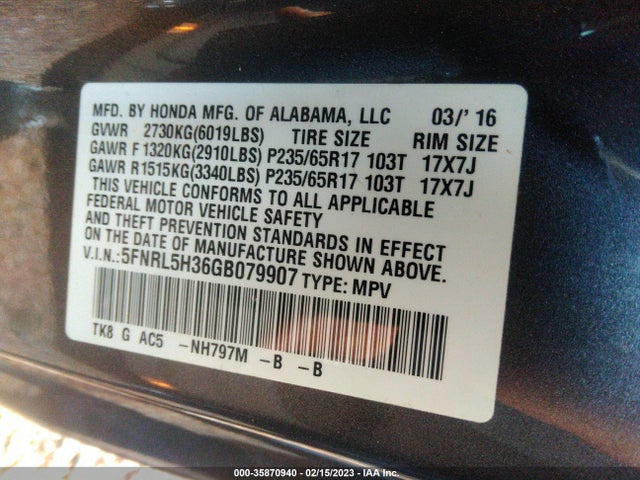Honda ODYSSEY SE 2016 5FNRL5H36GB079907 Image 9