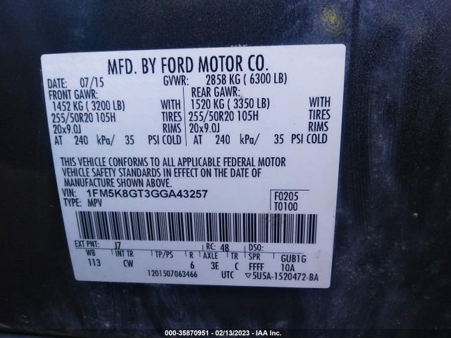2016 Ford Explorer, VIN: 1FM5K8GT3GGA43257