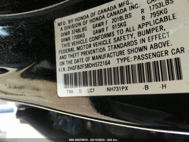 2013 HONDA CIVIC SDN LX VIN: 2HGFB2F58DH572164