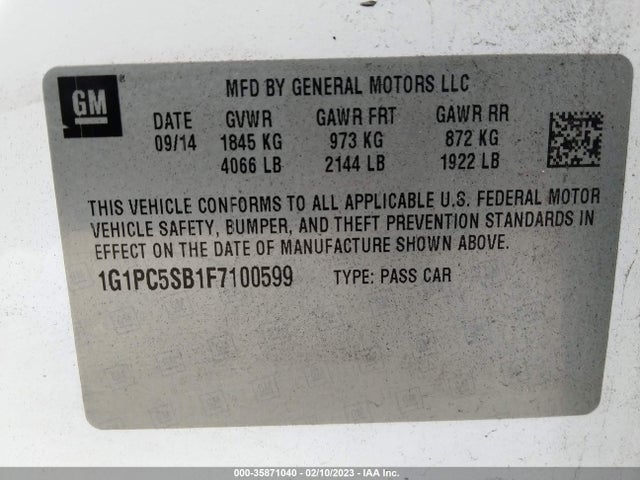 2015 CHEVROLET CRUZE LT VIN: 1G1PC5SB1F7100599