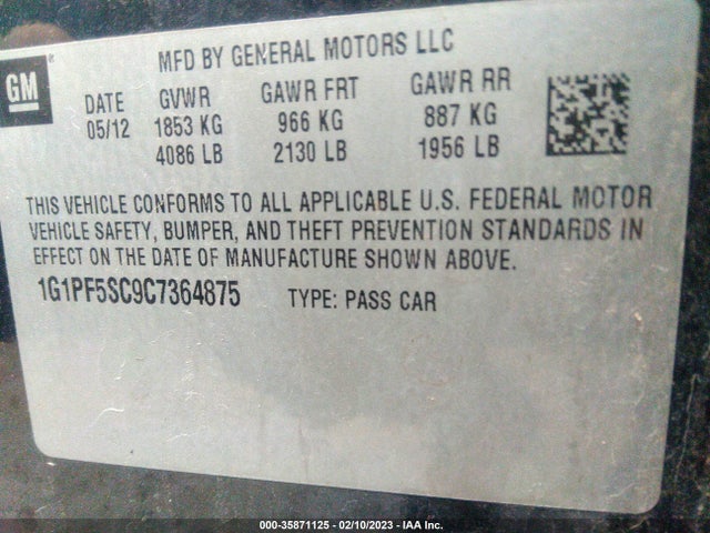 2012 CHEVROLET CRUZE LT W/1LT VIN: 1G1PF5SC9C7364875