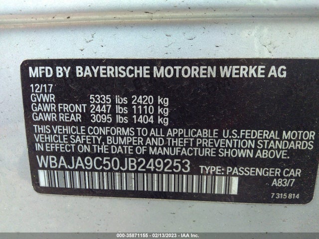 2018 BMW 5 Series, VIN: WBAJA9C50JB249253
