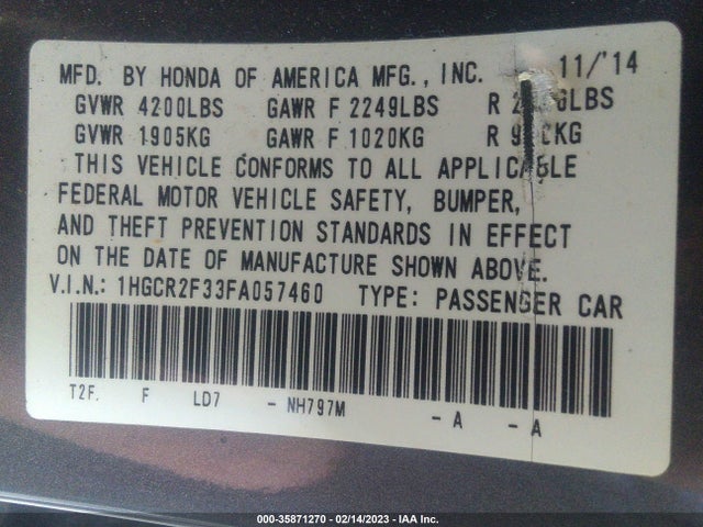 Honda Accord Sedan Lx 2015 1HGCR2F33FA057460 Image 9