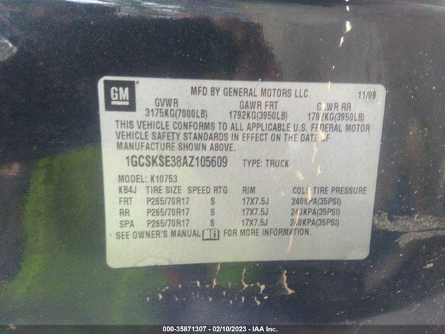 2010 CHEVROLET SILVERADO 1500 LT VIN: 1GCSKSE38AZ105609