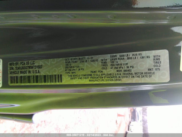 1C4HJXEG7MW731607 Jeep Wrangler Unlimited Sahara Altitude