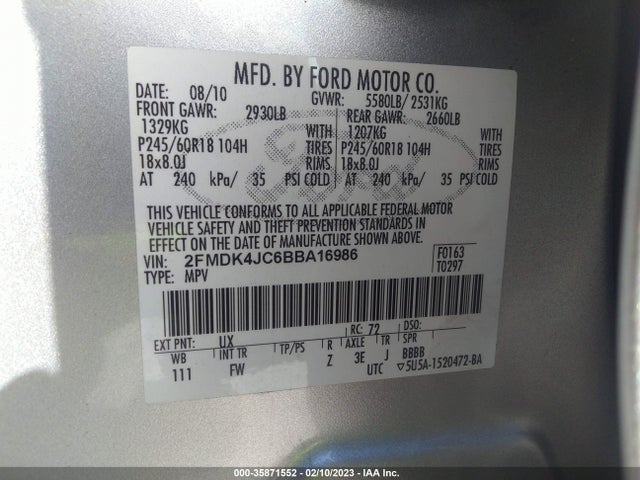 2011 FORD EDGE SEL VIN: 2FMDK4JC6BBA16986