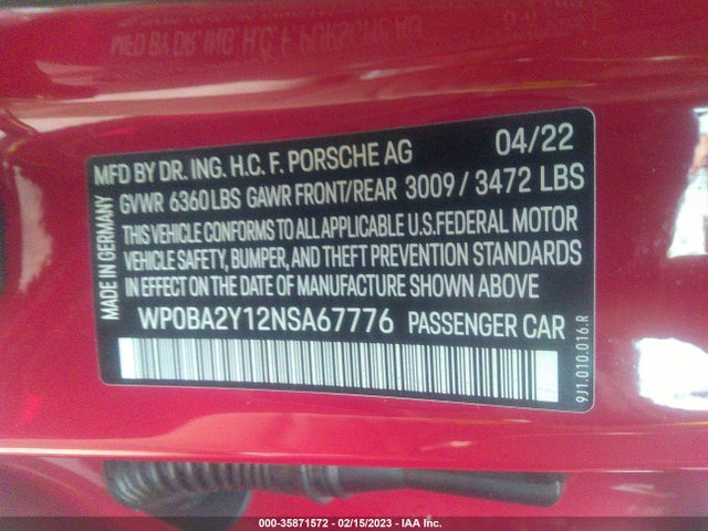 2022 Porsche Taycan, VIN: WP0BA2Y12NSA67776
