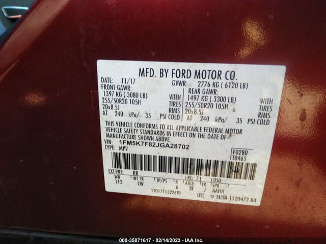2018 FORD EXPLORER LIMITED VIN: 1FM5K7F82JGA28702