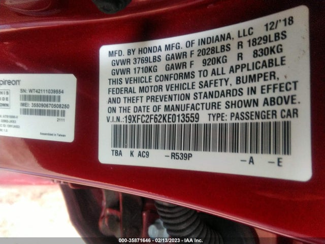 Honda Civic Sedan Lx 2019 19XFC2F62KE013559 Image 11