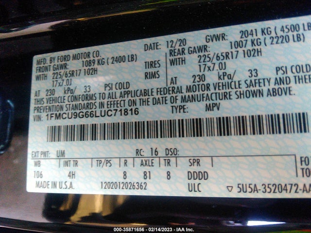 2020 Ford Escape, VIN: 1FMCU9G66LUC71816