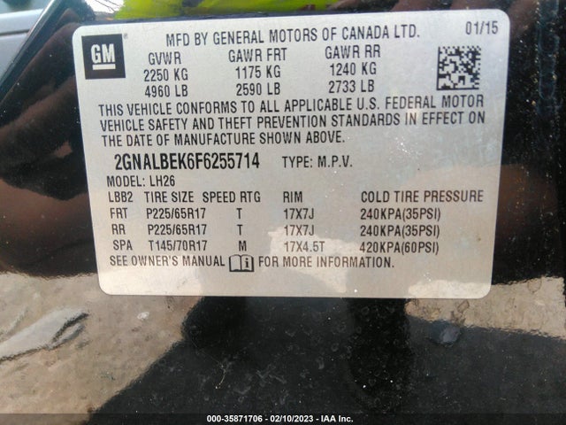Chevrolet EQUINOX LT 2015 2GNALBEK6F6255714 Image 10