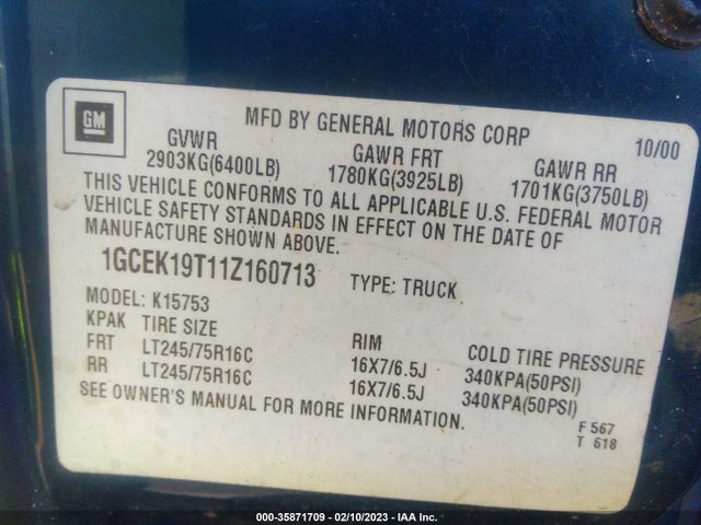 2001 CHEVROLET SILVERADO 1500 LT VIN: 1GCEK19T11Z160713
