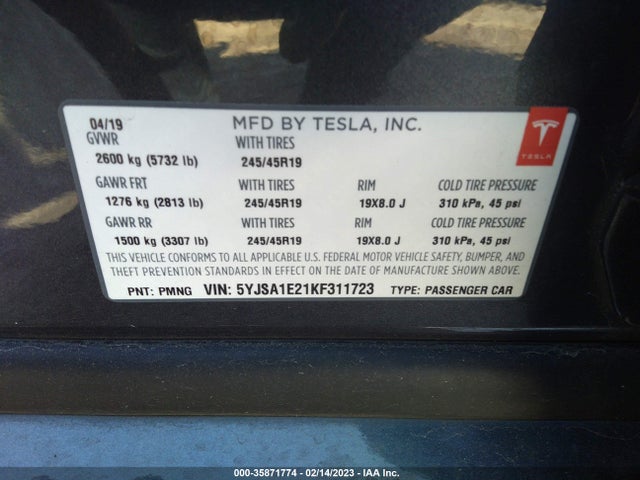 Tesla MODEL S 2019 5YJSA1E21KF311723 Image 9