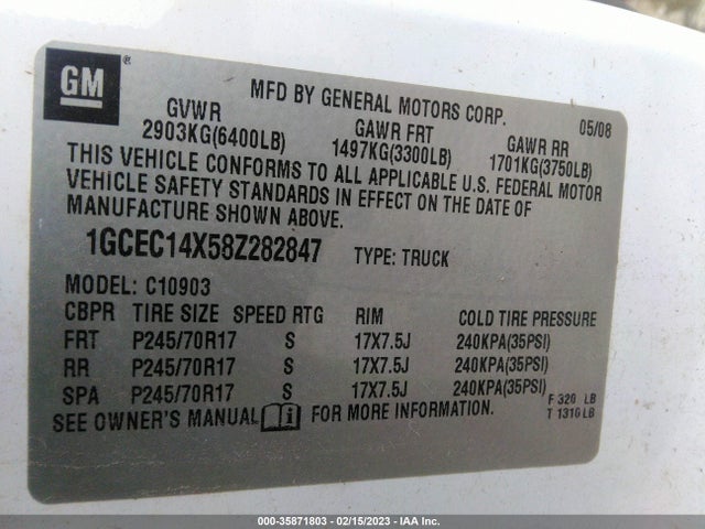 2008 CHEVROLET SILVERADO 1500 WORK TRUCK VIN: 1GCEC14X58Z282847