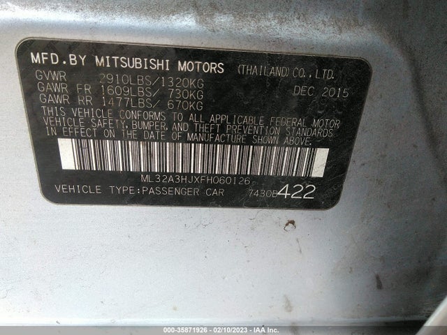 2015 MITSUBISHI MIRAGE DE/RF VIN: ML32A3HJXFH060126