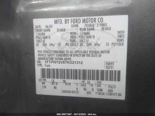 2007 FORD F-150 VIN: 1FTPW12V87KD21312