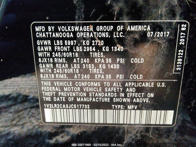 1V2LR2CA3JC517732 Volkswagen Atlas 3.6l V6 Se