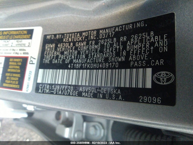 35871994 :رقم المزاد ، 4T1BF1FK0HU409170 vin ، 2017 Toyota Camry Se مزاد بيع