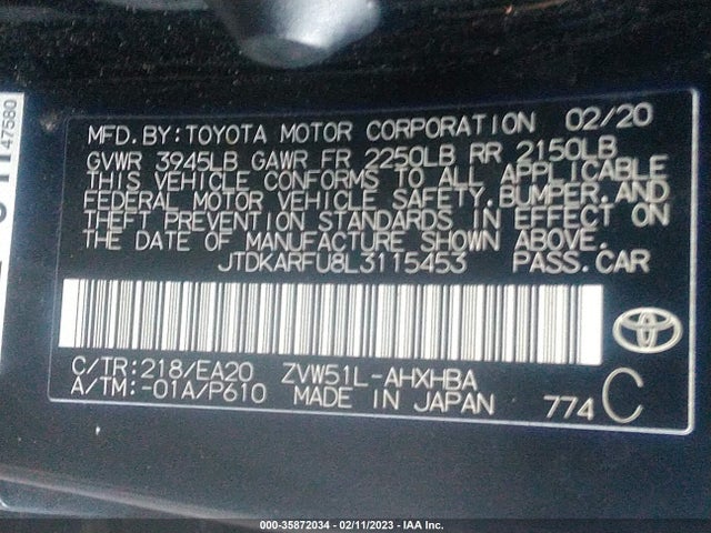 2020 Toyota Prius, VIN: JTDKARFU8L3115453
