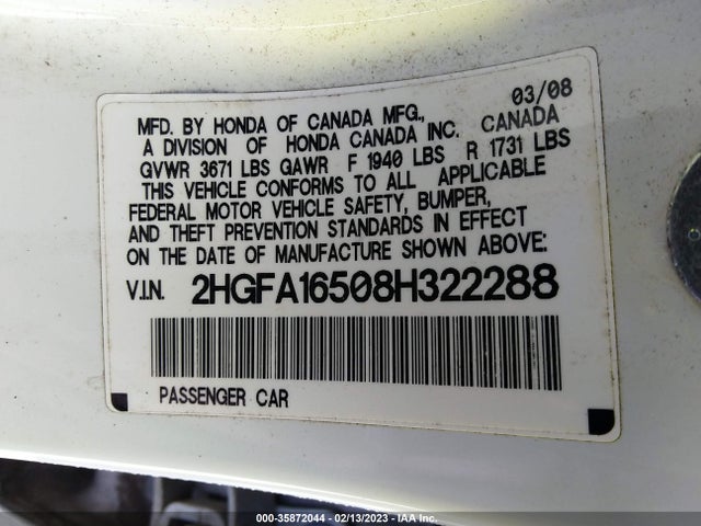 2008 HONDA CIVIC SDN LX VIN: 2HGFA16508H322288