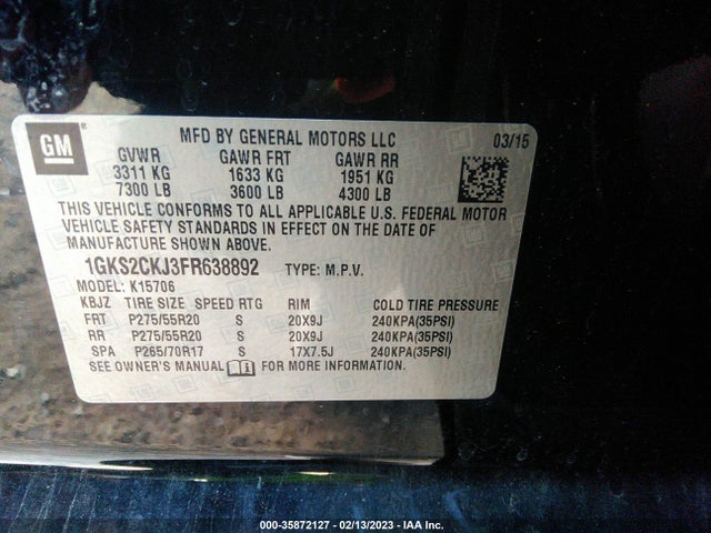 2015 GMC Yukon, VIN: 1GKS2CKJ3FR638892
