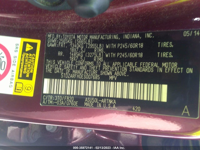 Toyota Highlander Le 2014 5TDZARFH0ES007685 Image 9