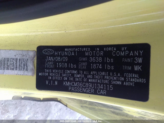 2009 HYUNDAI ACCENT AUTO GS VIN: KMHCM36C89U134115
