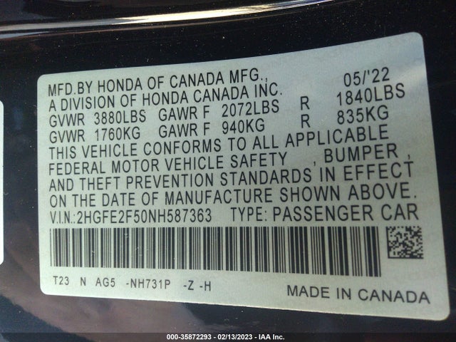 Honda CIVIC SEDAN 2022 2HGFE2F50NH587363 Image 11