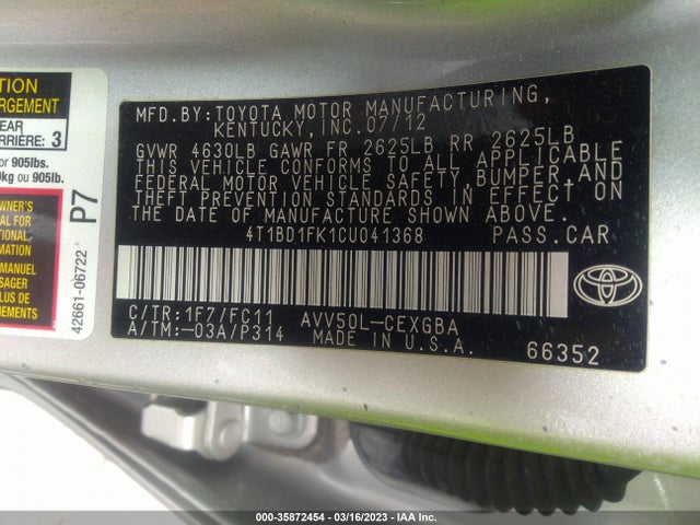 2012 TOYOTA CAMRY HYBRID XLE/LE VIN: 4T1BD1FK1CU041368