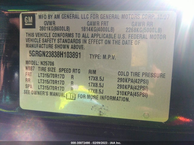 5GRGN23838H103891 Hummer H2 Suv