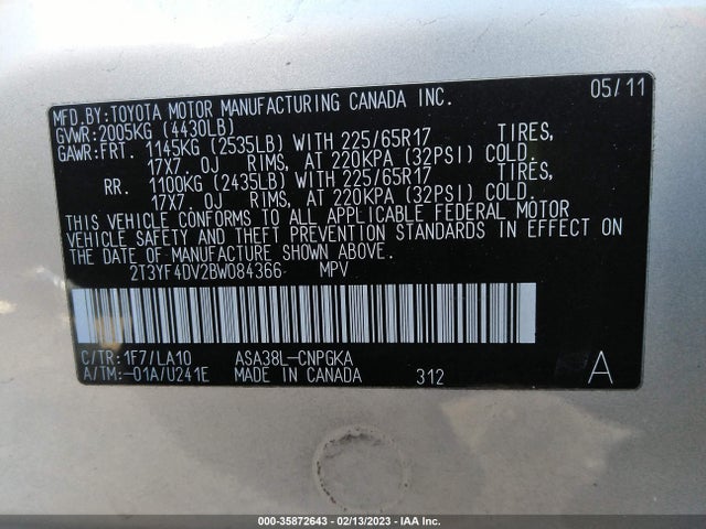 2011 TOYOTA RAV4 LTD VIN: 2T3YF4DV2BW084366