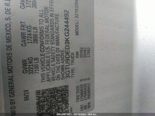 3GTU9DED3KG244492 GMC Sierra 1500 Slt
