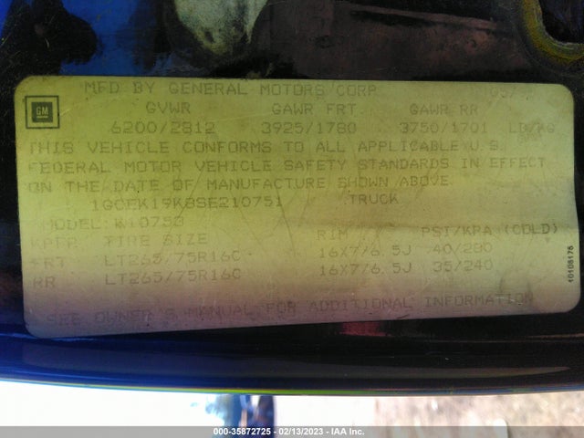 1995 CHEVROLET GMT-400 K1500 VIN: 1GCEK19K8SE210751