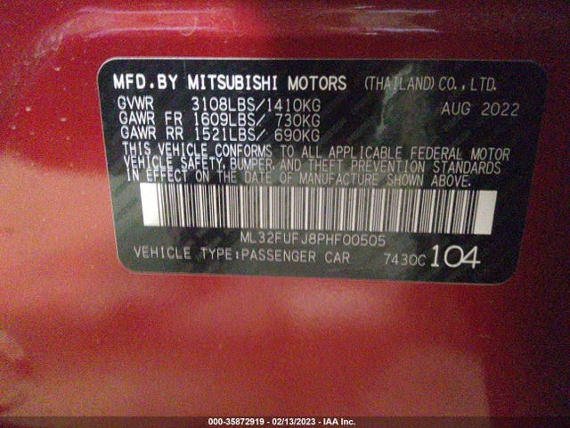 2023 MITSUBISHI MIRAGE G4 ES/LE/BLACK EDITION VIN: ML32FUFJ8PHF00505