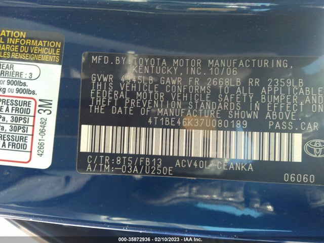 2007 TOYOTA CAMRY CE/LE/SE/XLE VIN: 4T1BE46K37U080189