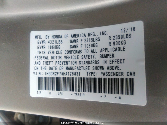 Honda ACCORD EX 2017 1HGCR2F75HA125831 Image 9