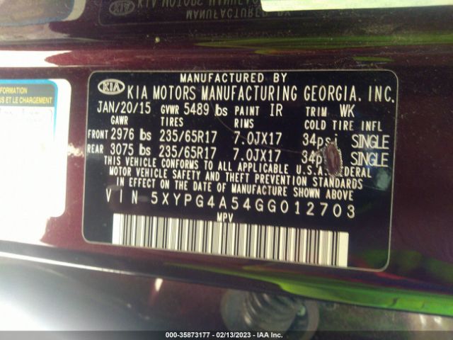 5XYPG4A54GG012703 KIA Sorento 3.3l Lx