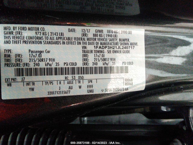 2018 FORD FOCUS SEL VIN: 1FADP3H21JL240717