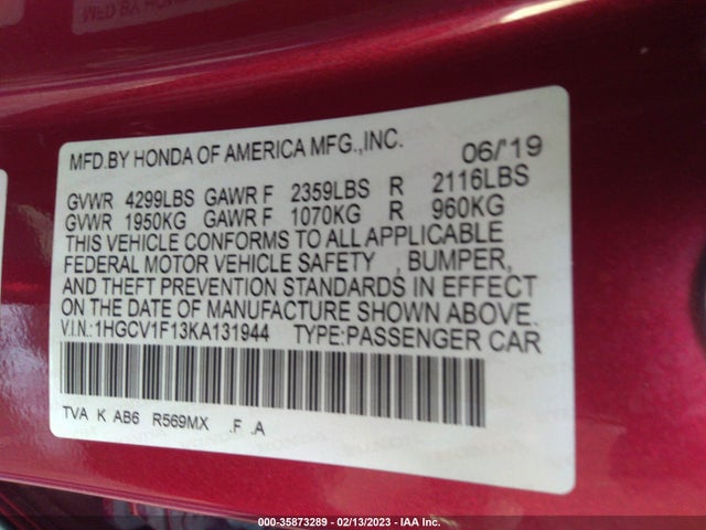 2019 HONDA ACCORD SEDAN LX 1.5T VIN: 1HGCV1F13KA131944