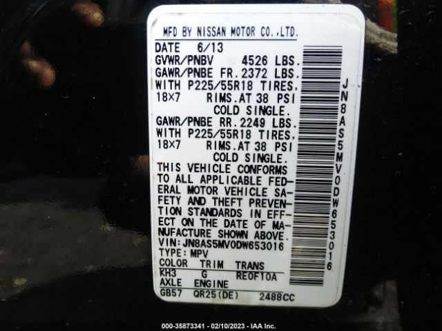 JN8AS5MV0DW653016 Nissan Rogue Sl