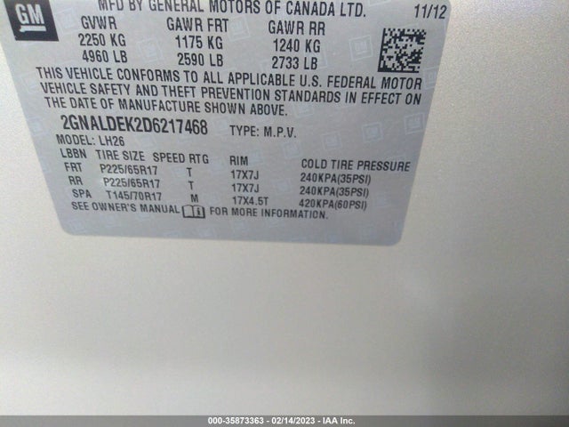2013 CHEVROLET EQUINOX LT VIN: 2GNALDEK2D6217468